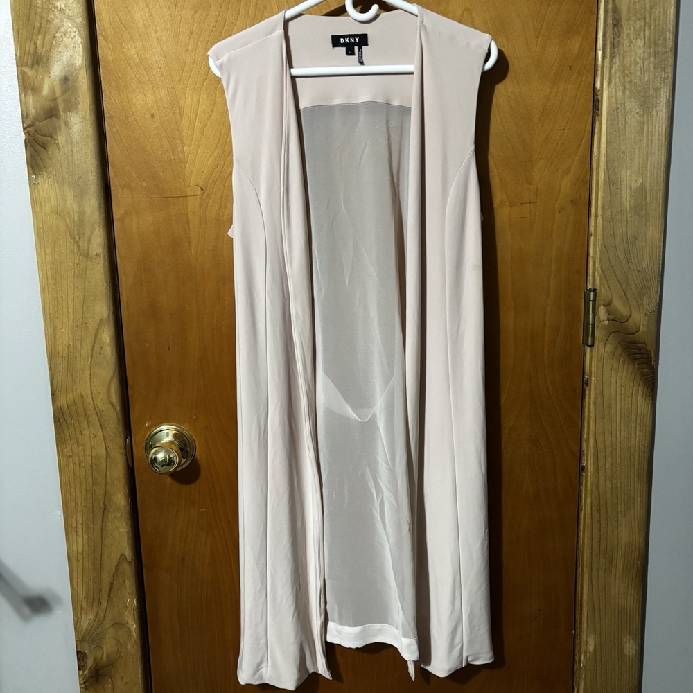DKNY Open Front Long Vest Womens Size Large Blush Pink Sheer Back Panel